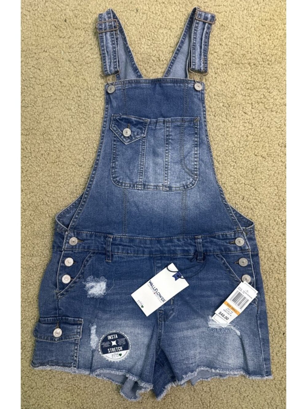 Wallflower Women Shorts Sm Blue Denim Shortall Tomboy Fit Distressed Pockets NWT